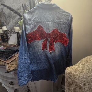 Women's Denim Blouse with Red Bow Accent